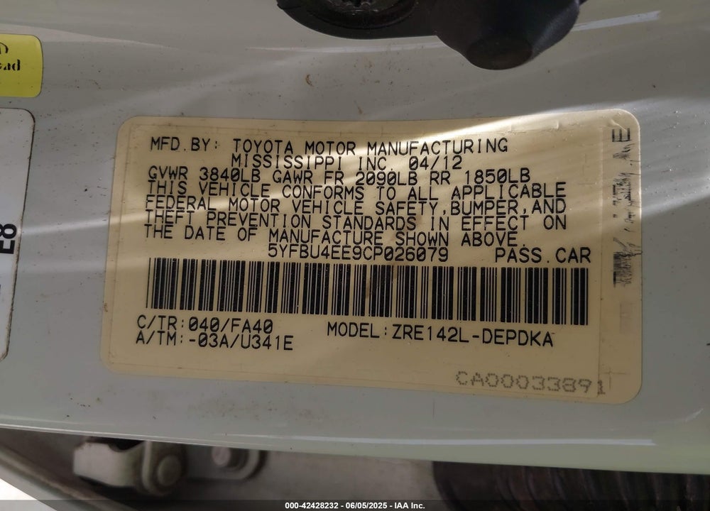 2012 TOYOTA COROLLA VIN: 5YFBU4EE9CP026079