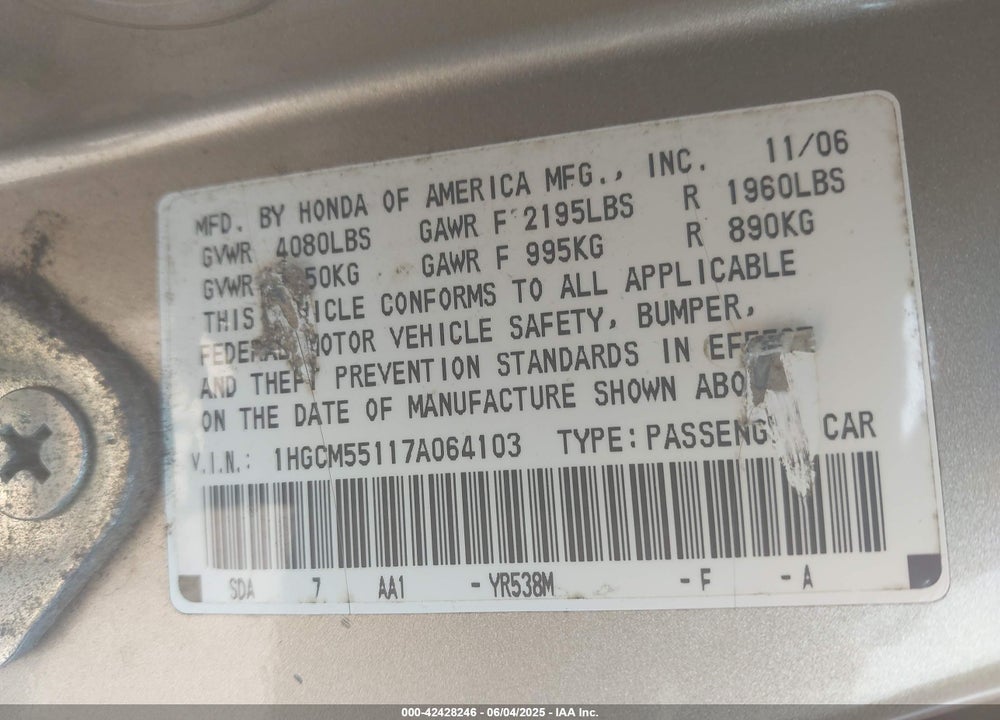 2007 HONDA ACCORD 2.4 VP VIN: 1HGCM55117A064103