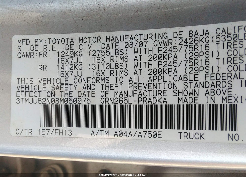 2008 TOYOTA TACOMA PRERUNNER V6 VIN: 3TMJU62N08M050975