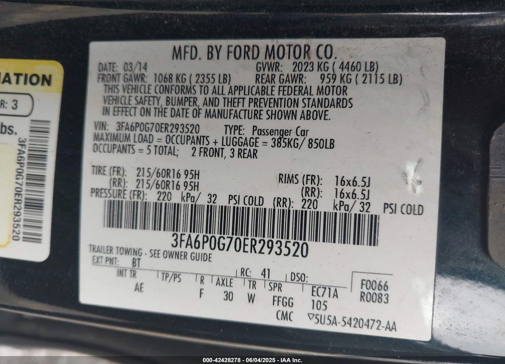 2014 FORD FUSION S VIN: 3FA6P0G70ER293520