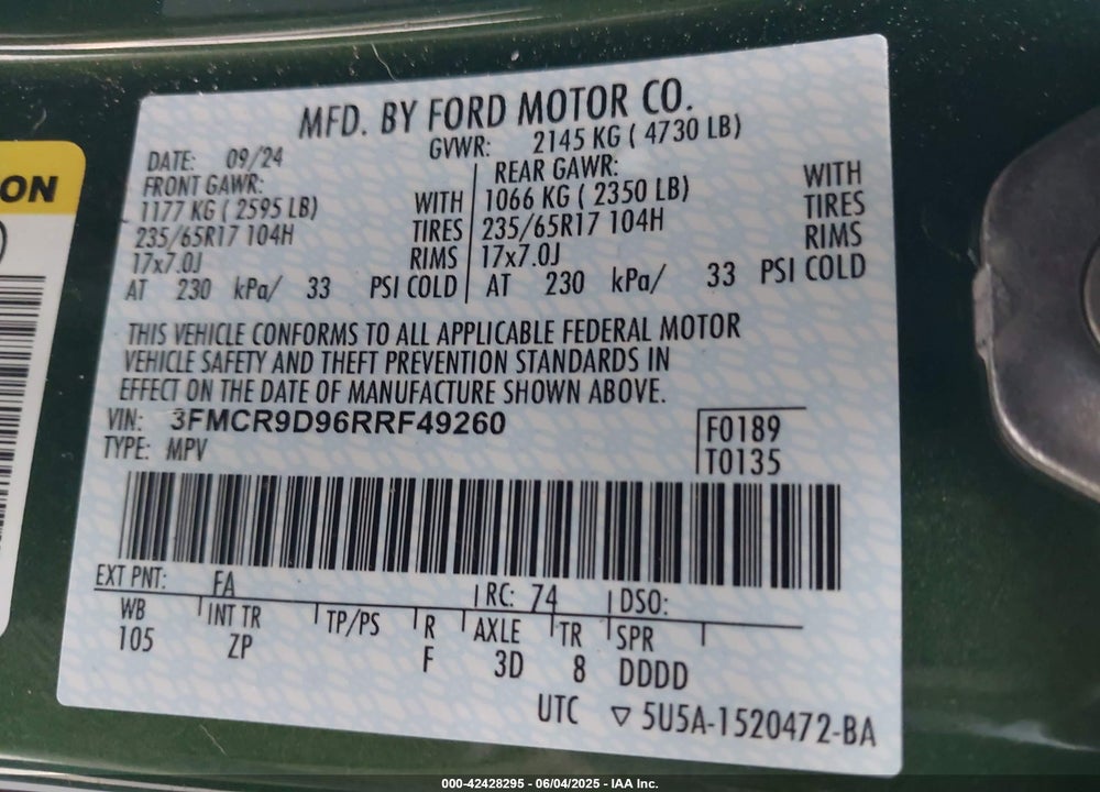 2024 FORD BRONCO SPORT VIN: 3FMCR9D96RRF49260