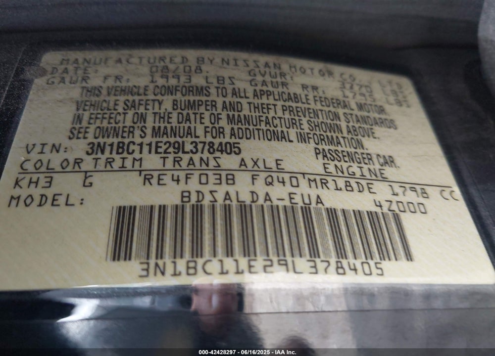 2009 NISSAN VERSA VIN: 3N1BC11E29L378405