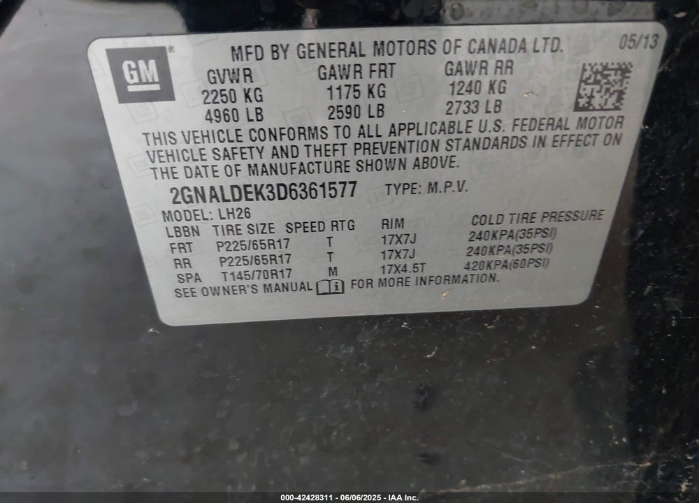 2013 CHEVROLET EQUINOX 1LT VIN: 2GNALDEK3D6361577