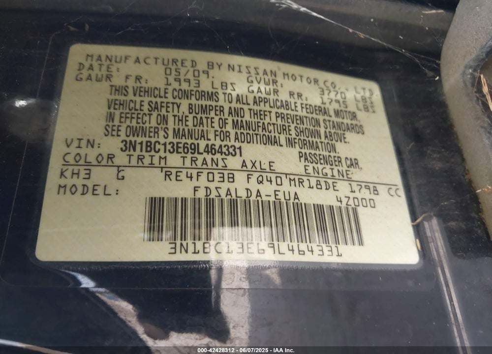 2009 NISSAN VERSA VIN: 3N1BC13E69L464331