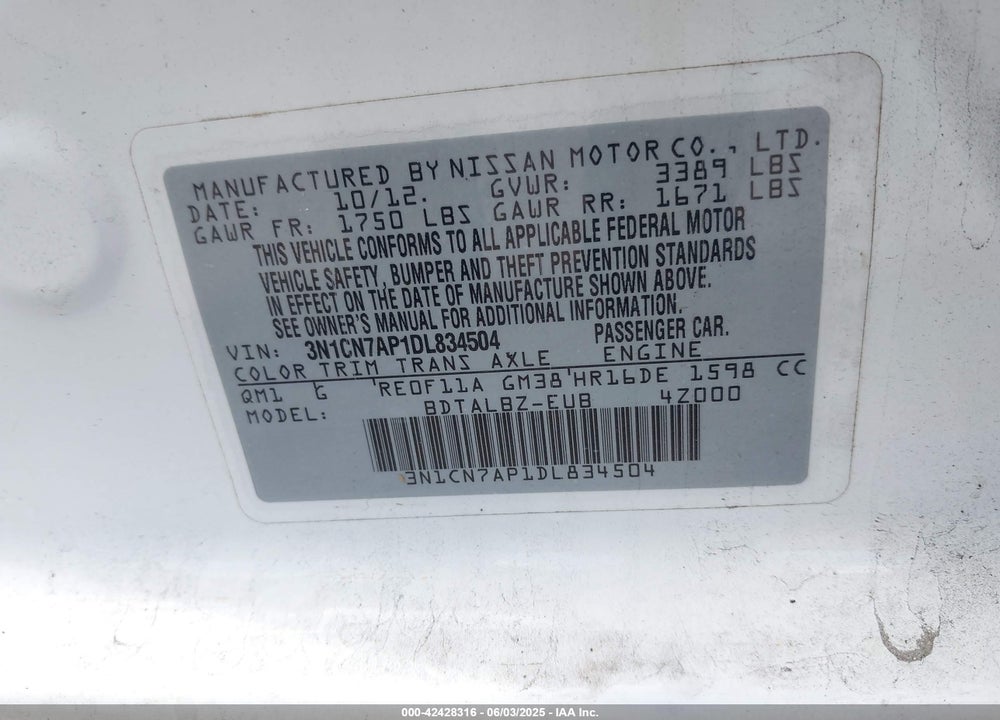 2013 NISSAN VERSA 1.6 SV VIN: 3N1CN7AP1DL834504