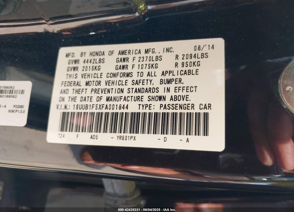 2015 ACURA TLX VIN: 19UUB1F5XFA001844