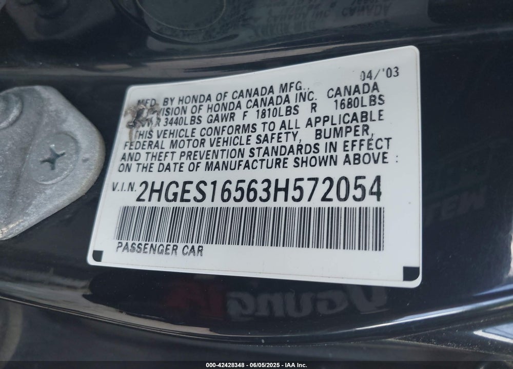 2003 HONDA CIVIC LX VIN: 2HGES16563H572054