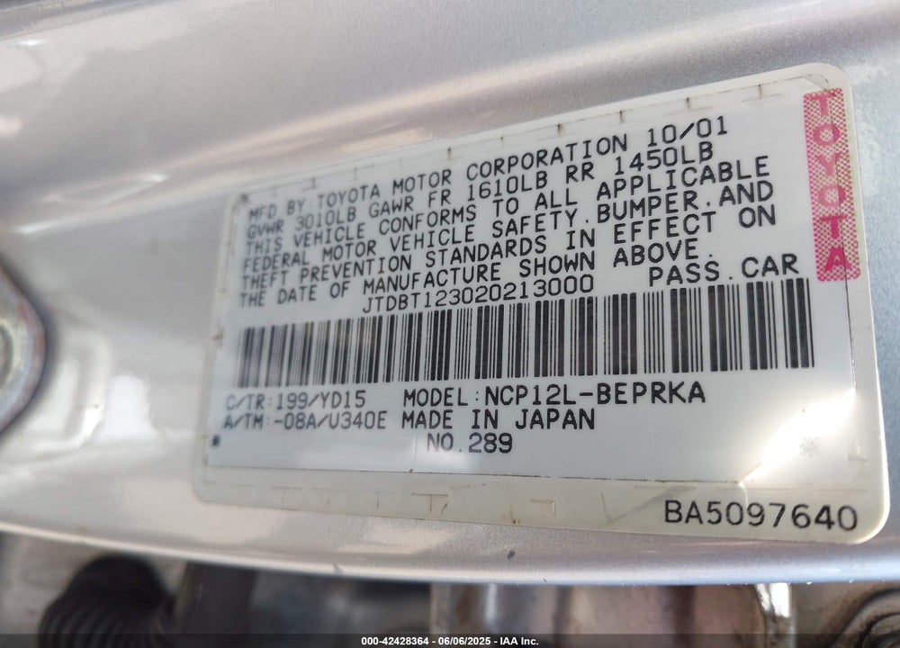 2002 TOYOTA ECHO VIN: JTDBT123020213000