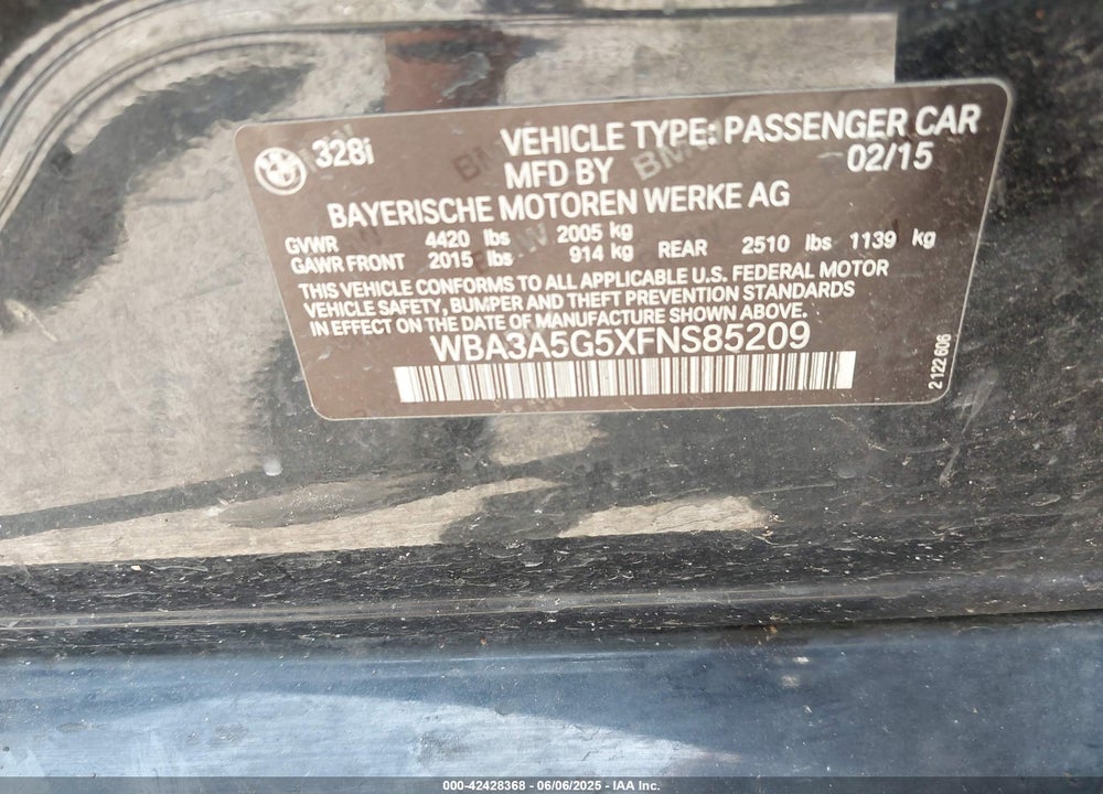 2015 BMW 3 SERIES VIN: WBA3A5G5XFNS85209