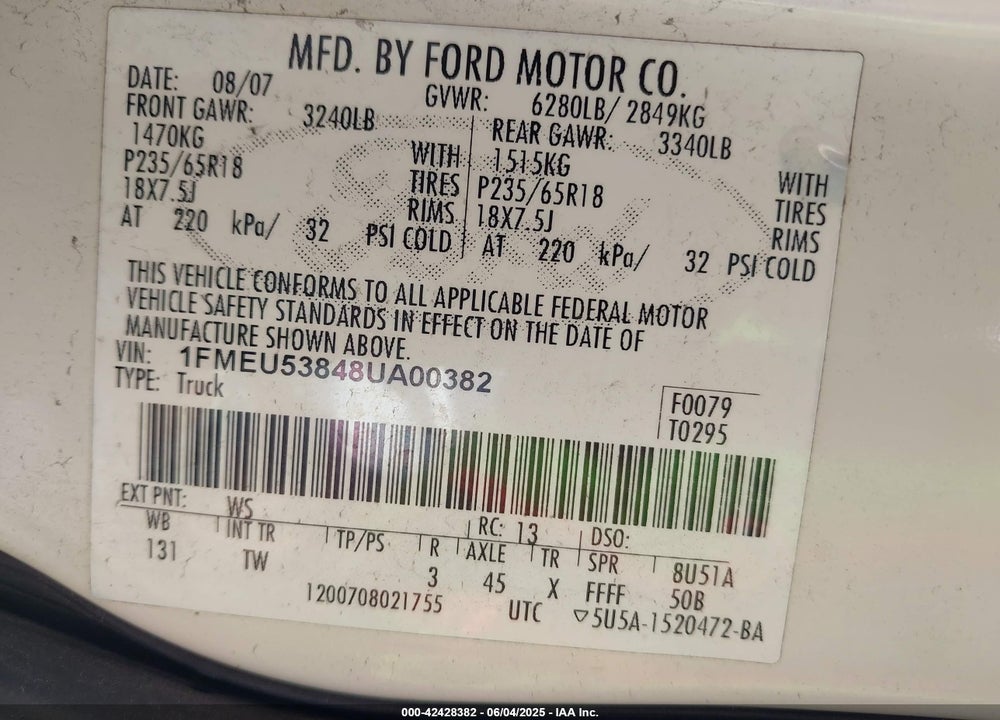 2008 FORD EXPLORER SPORT TRAC VIN: 1FMEU53848UA00382