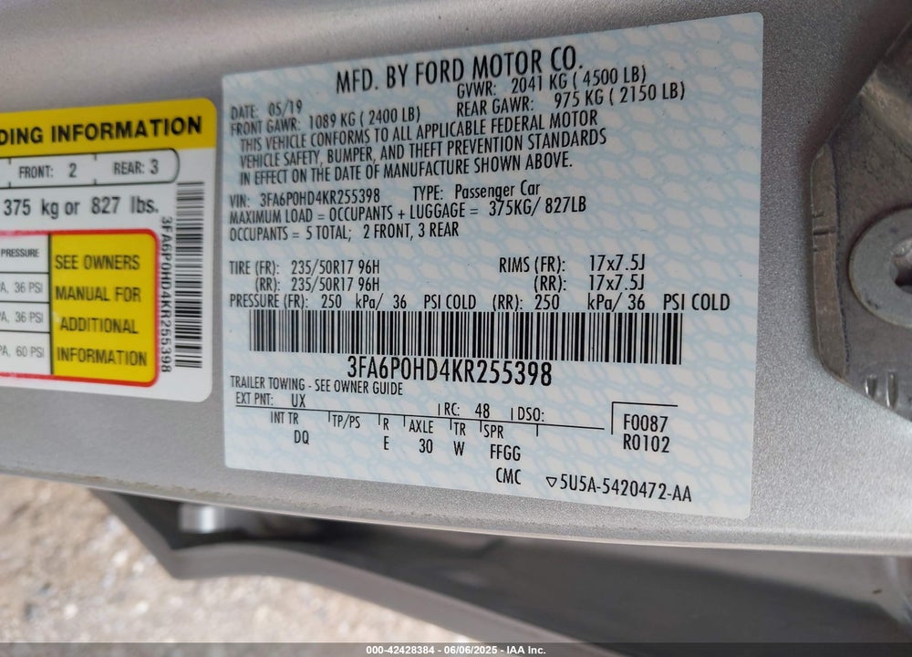 2019 FORD FUSION SE VIN: 3FA6P0HD4KR255398