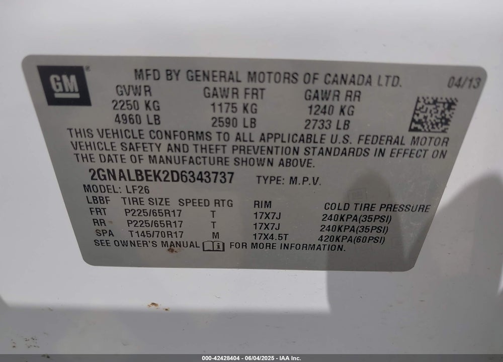 2013 CHEVROLET EQUINOX LS VIN: 2GNALBEK2D6343737