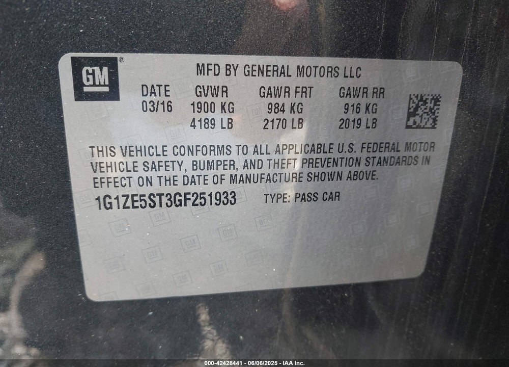 2016 CHEVROLET MALIBU LT VIN: 1G1ZE5ST3GF251933