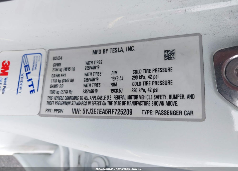 2024 TESLA MODEL 3 VIN: 5YJ3E1EA5RF725209
