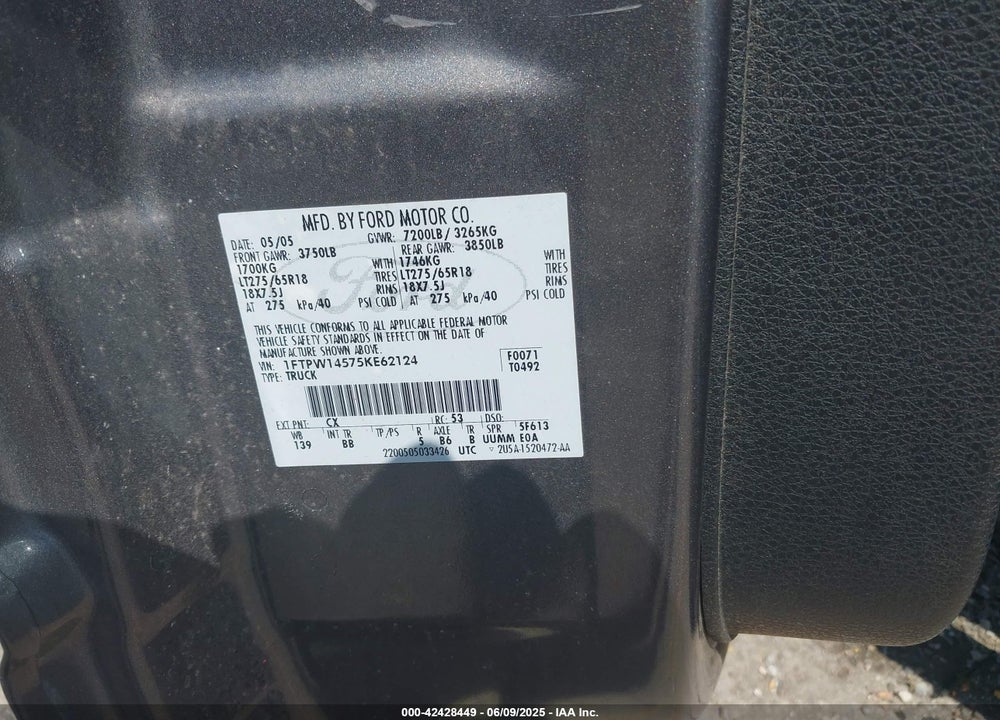 2005 FORD F-150 FX4/LARIAT/XLT VIN: 1FTPW14575KE62124