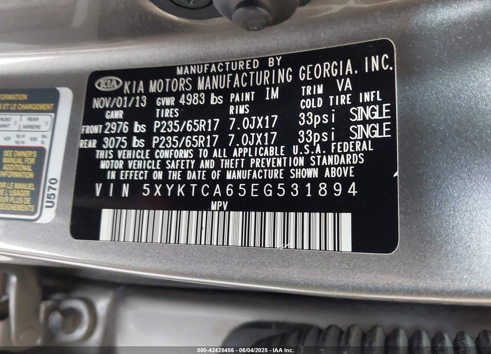 2014 KIA SORENTO VIN: 5XYKTCA65EG531894