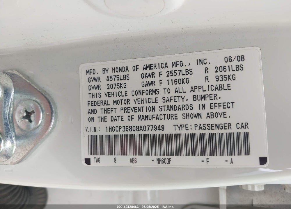 2008 HONDA ACCORD VIN: 1HGCP36808A077949