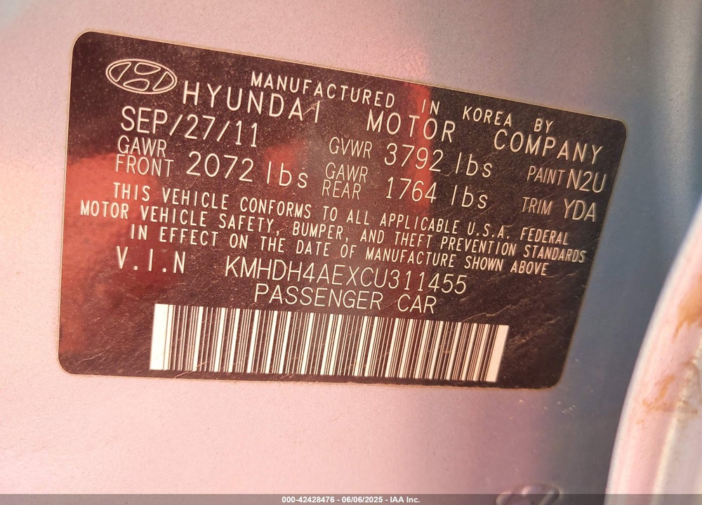 2012 HYUNDAI ELANTRA GLS (ULSAN PLANT) VIN: KMHDH4AEXCU311455