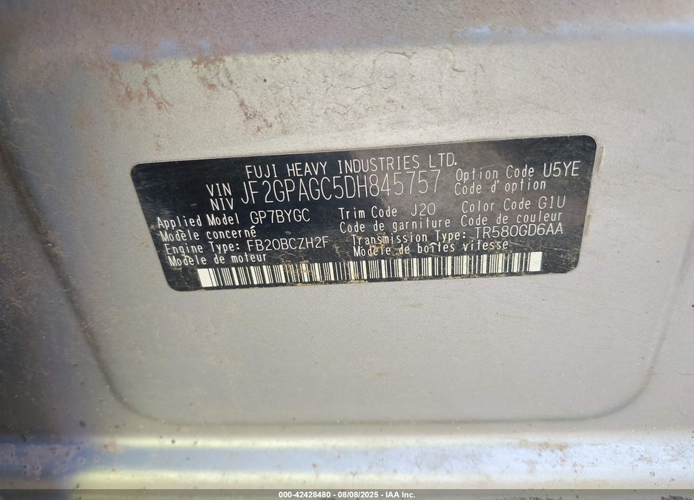 2013 SUBARU XV CROSSTREK VIN: JF2GPAGC5DH845757