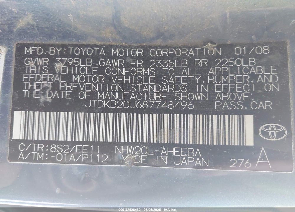 2008 TOYOTA PRIUS VIN: JTDKB20U687748496