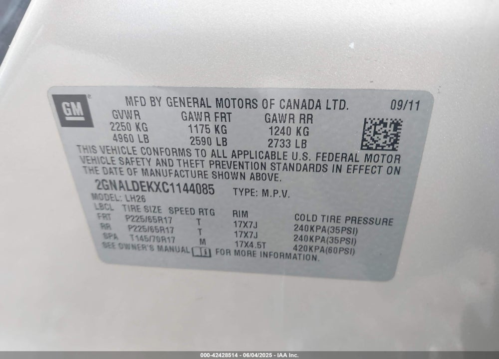 2012 CHEVROLET EQUINOX VIN: 2GNALDEKXC1144085