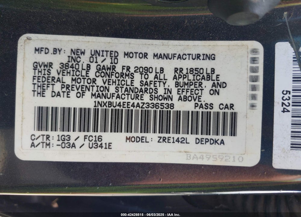 2010 TOYOTA COROLLA VIN: 1NXBU4EE4AZ336538
