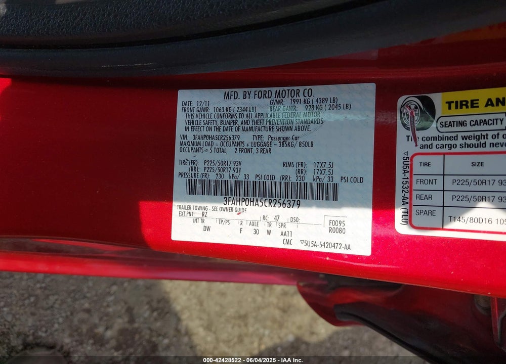 2012 FORD FUSION VIN: 3FAHP0HA5CR256379