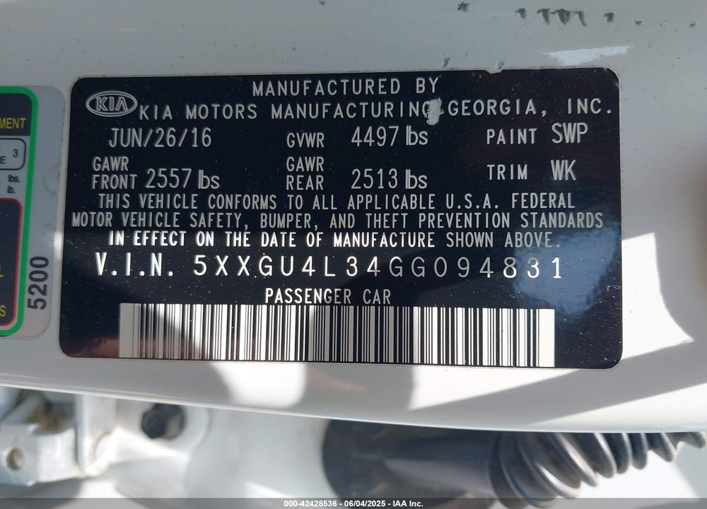 2016 KIA OPTIMA EX VIN: 5XXGU4L34GG094831