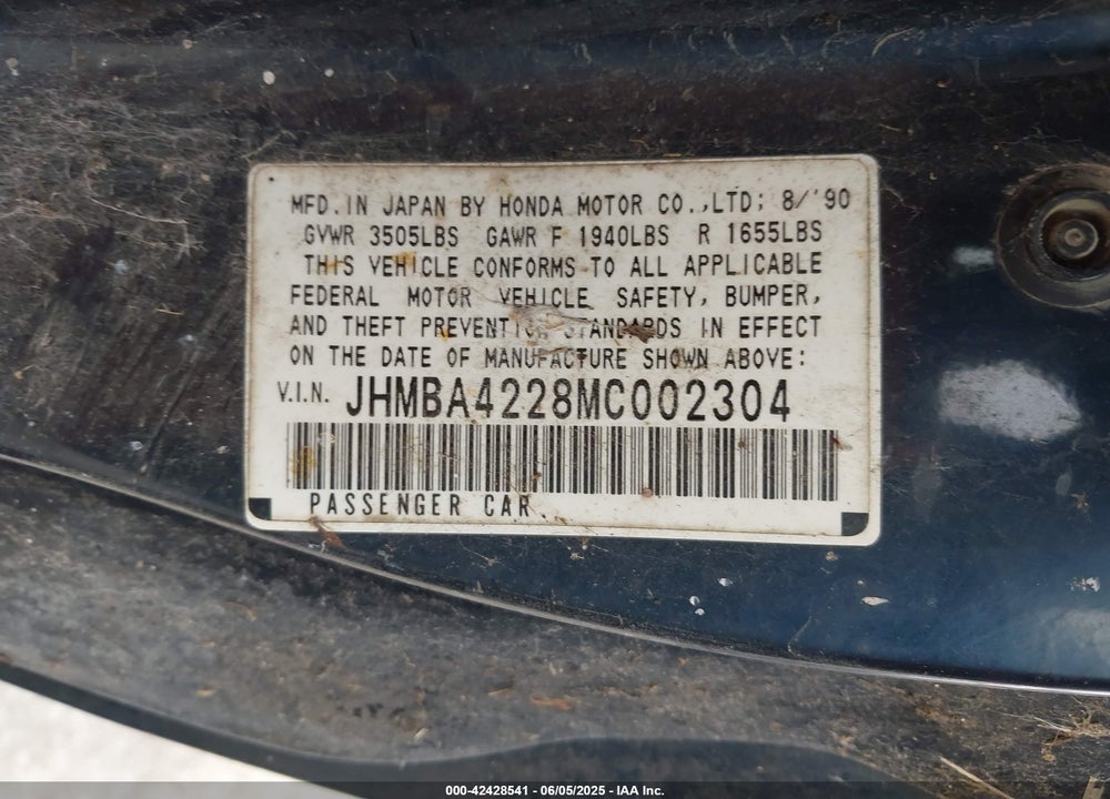 1991 HONDA PRELUDE 2.0SI VIN: JHMBA4228MC002304
