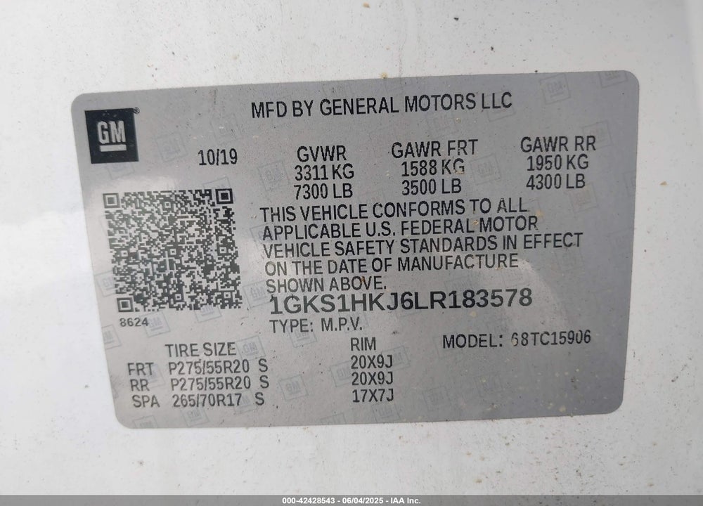 2020 GMC YUKON XL VIN: 1GKS1HKJ6LR183578