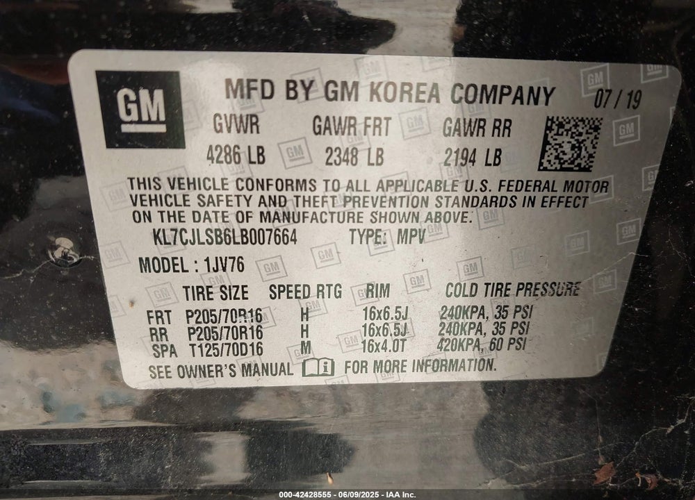 2020 CHEVROLET TRAX VIN: KL7CJLSB6LB007664