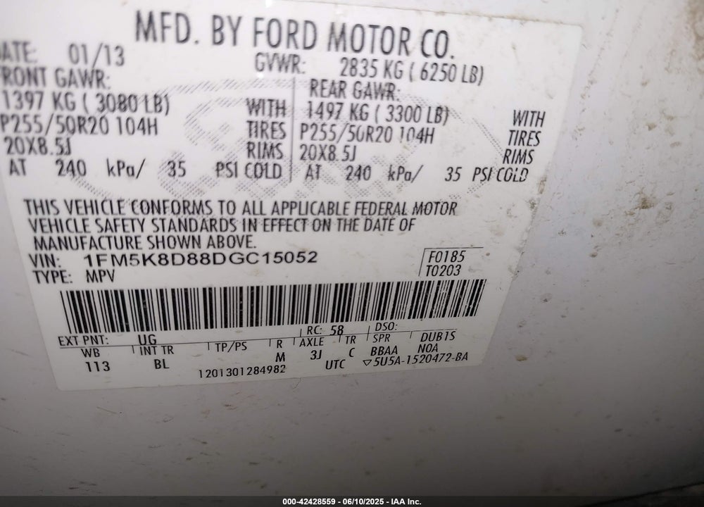2013 FORD EXPLORER VIN: 1FM5K8D88DGC15052