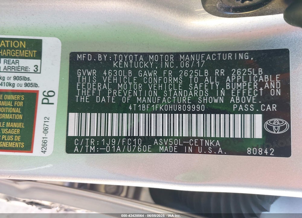 2017 TOYOTA CAMRY LE VIN: 4T1BF1FK0HU809990