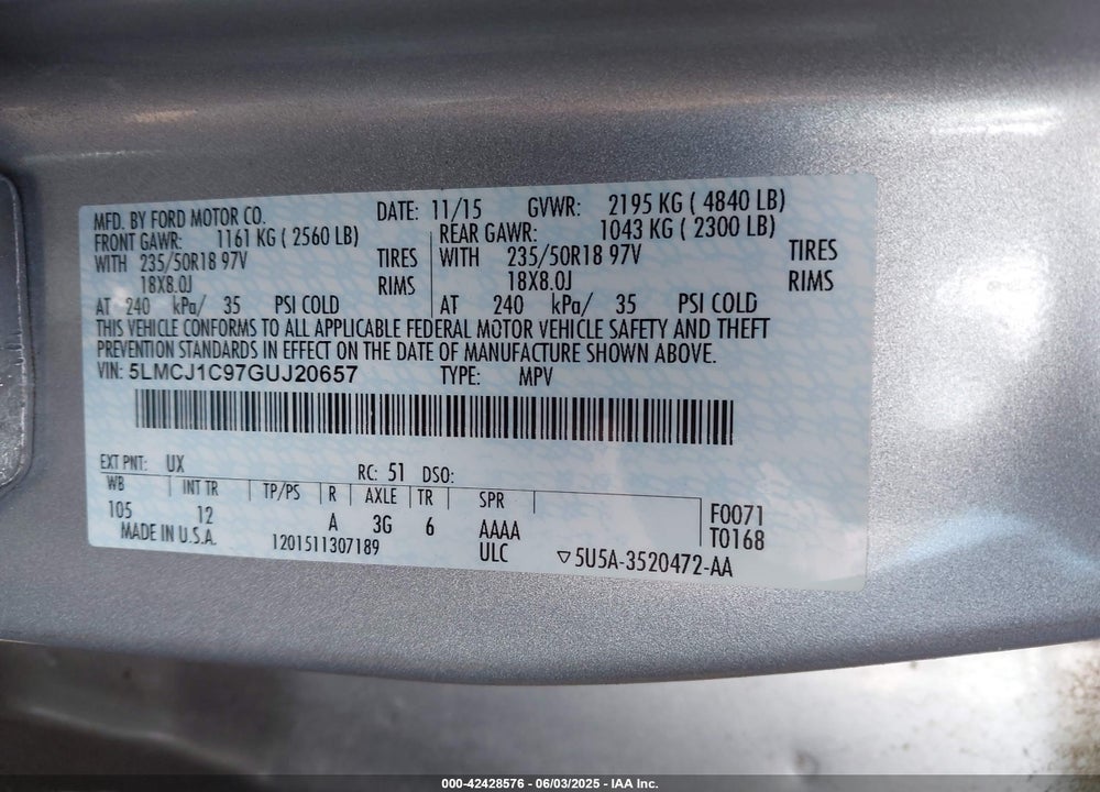 2016 LINCOLN MKC VIN: 5LMCJ1C97GUJ20657