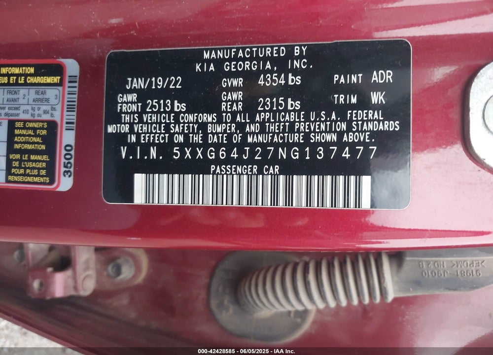 2022 KIA K5 VIN: 5XXG64J27NG137477