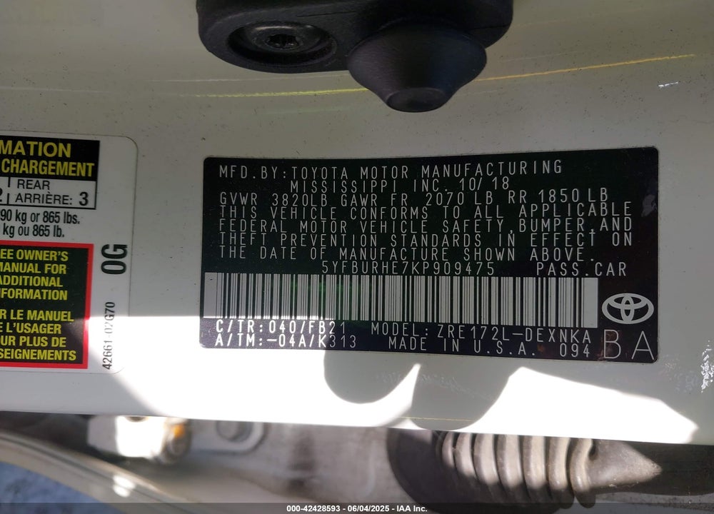2019 TOYOTA COROLLA VIN: 5YFBURHE7KP909475