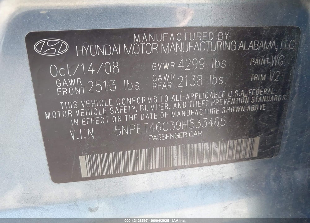 2009 HYUNDAI SONATA VIN: 5NPET46C39H533465