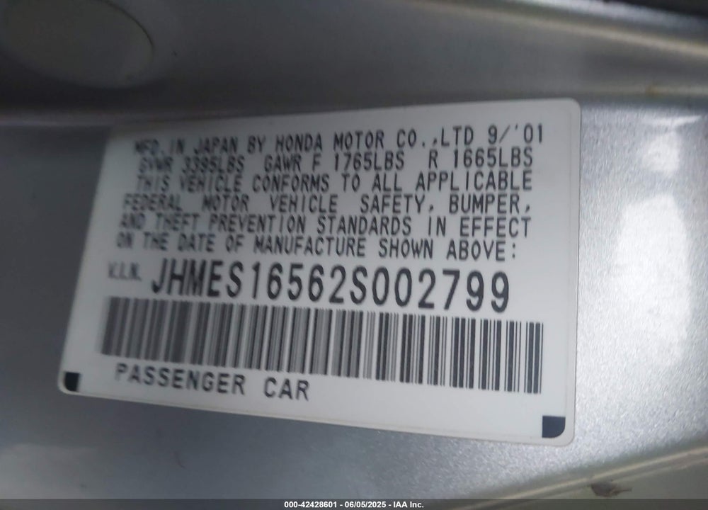2002 HONDA CIVIC LX VIN: JHMES16562S002799