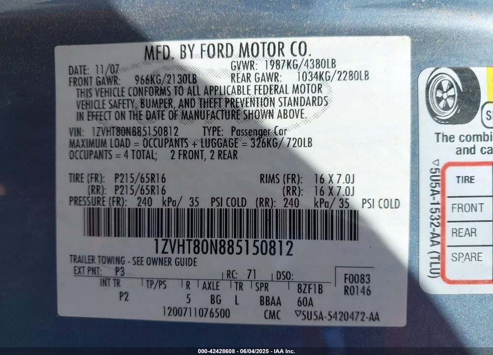 2008 FORD MUSTANG V6 DELUXE/V6 PREMIUM VIN: 1ZVHT80N885150812