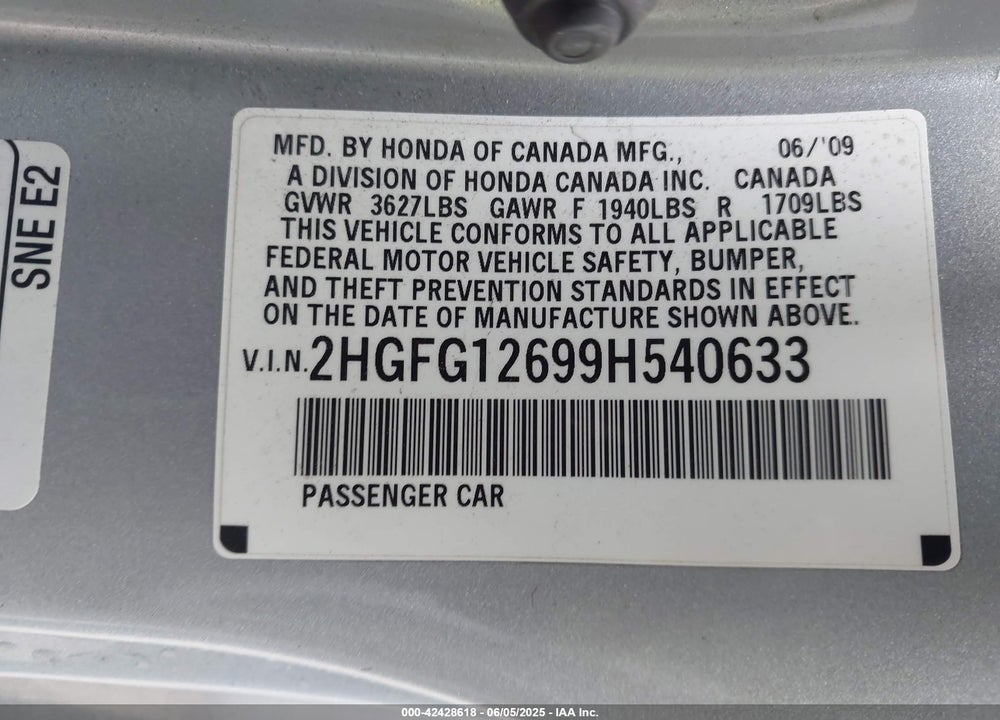 2009 HONDA CIVIC VIN: 2HGFG12699H540633