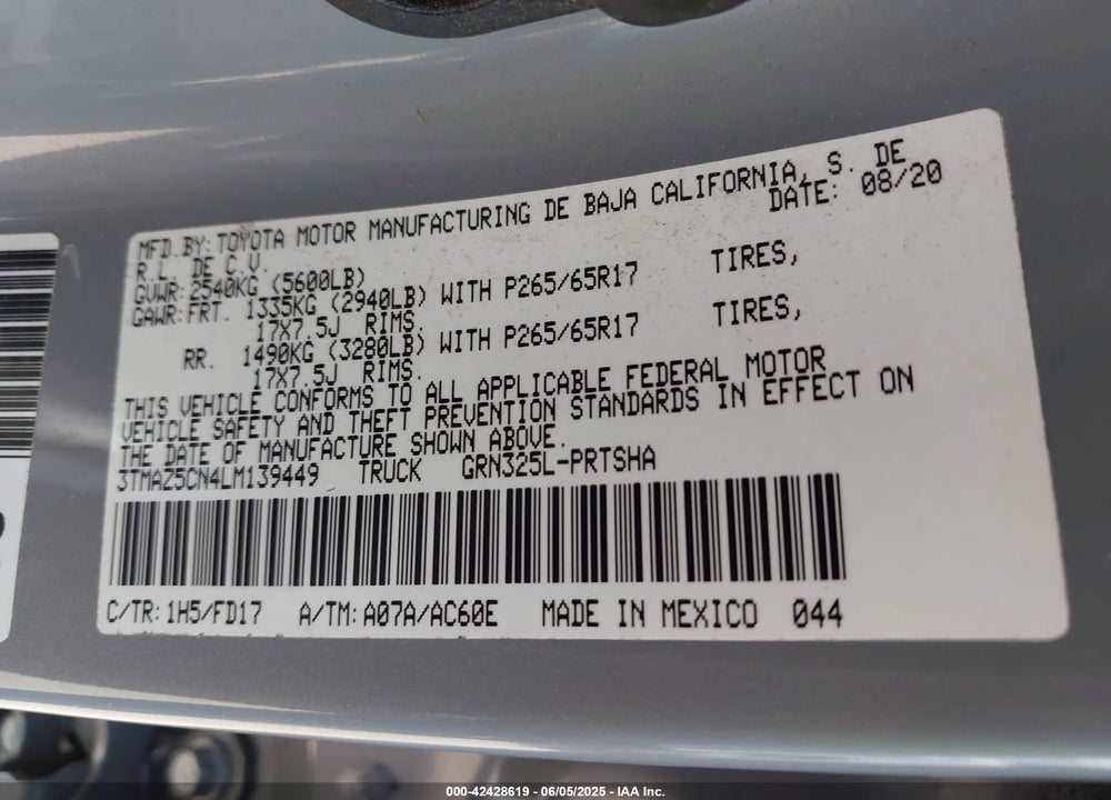 2020 TOYOTA TACOMA VIN: 3TMAZ5CN4LM139449