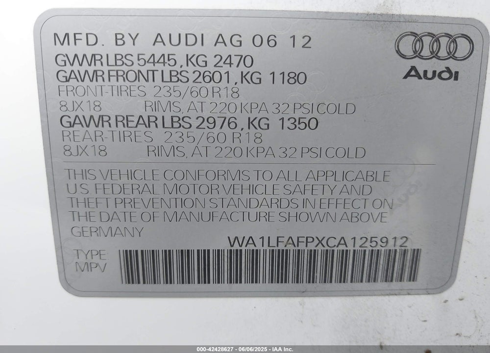 2012 AUDI Q5 2.0T PREMIUM VIN: WA1LFAFPXCA125912