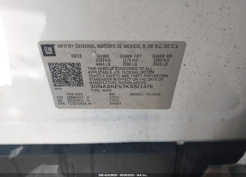 2019 CHEVROLET EQUINOX LT VIN: 3GNAXKEV7KS521476