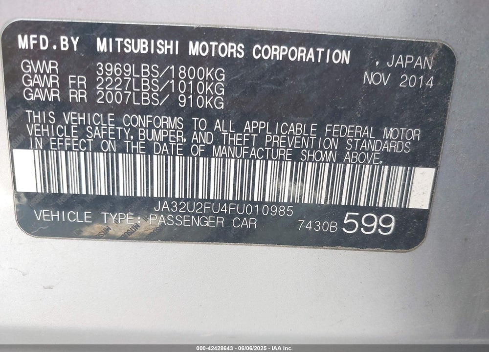 2015 MITSUBISHI LANCER ES VIN: JA32U2FU4FU010985