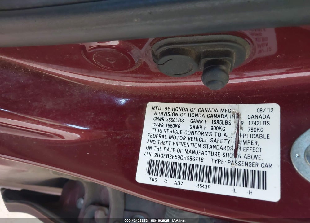 2012 HONDA CIVIC VIN: 2HGFB2F59CH586718