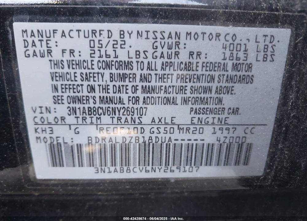 2022 NISSAN SENTRA SV XTRONIC CVT VIN: 3N1AB8CV6NY269107