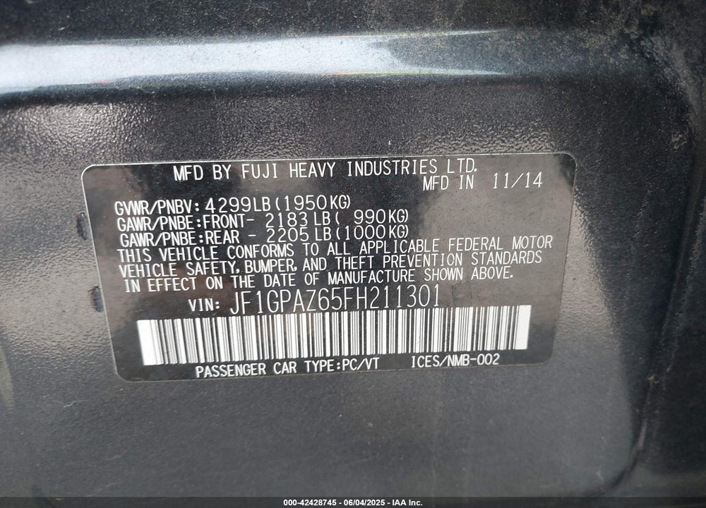 2015 SUBARU IMPREZA VIN: JF1GPAZ65FH211301