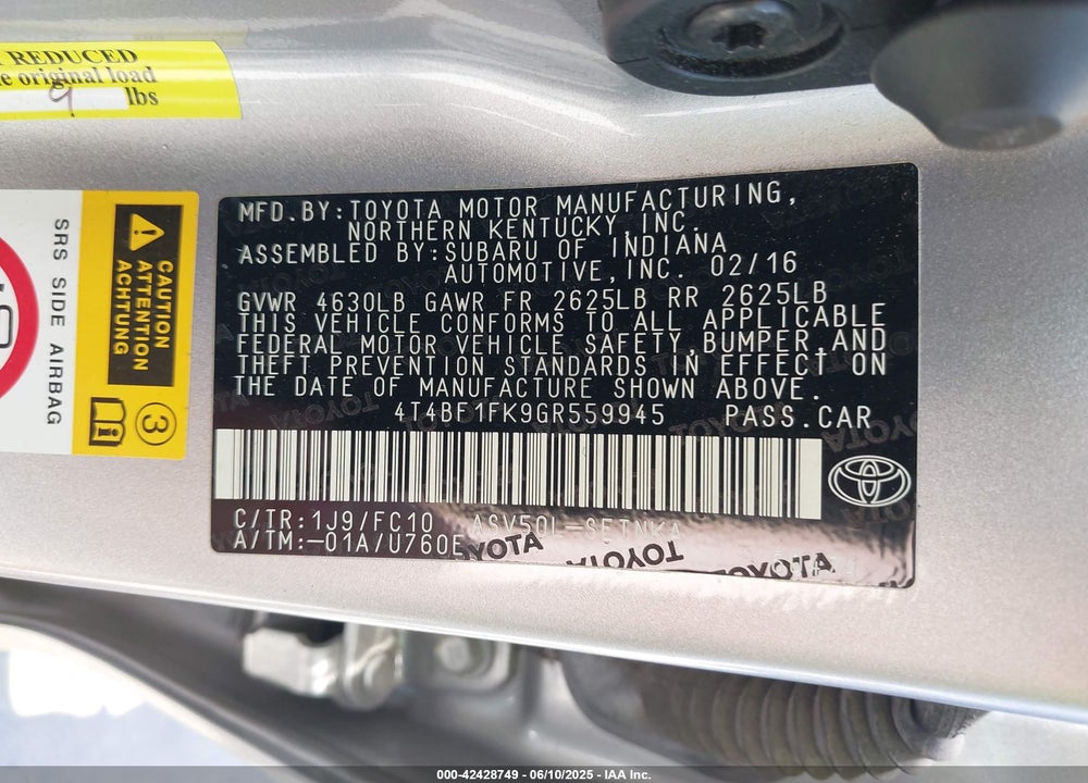 2016 TOYOTA CAMRY VIN: 4T4BF1FK9GR559945