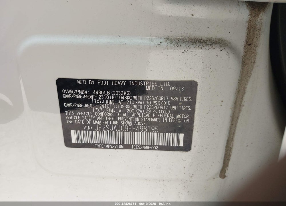 2014 SUBARU FORESTER VIN: JF2SJAJC9EH498195