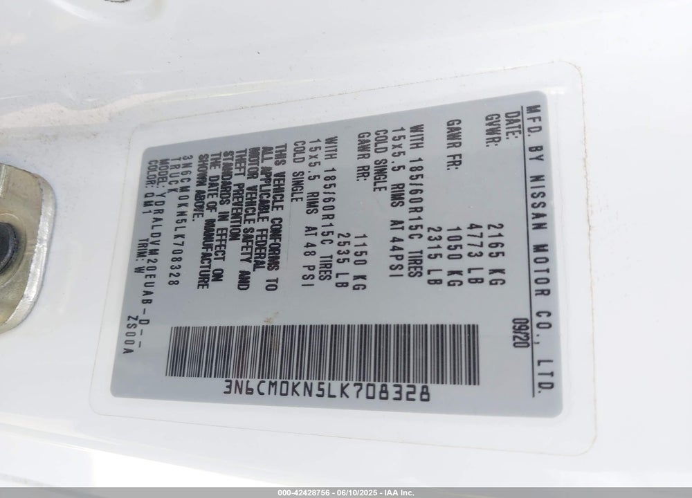 2020 NISSAN NV200  CARGO S XTRONIC CVT VIN: 3N6CM0KN5LK708328